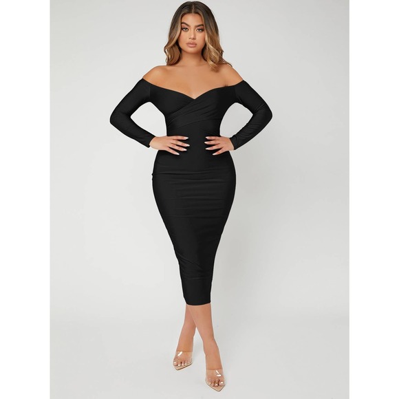 Off Shoulder long sleeve Bodycon midi Dress black - Picture 1 of 8